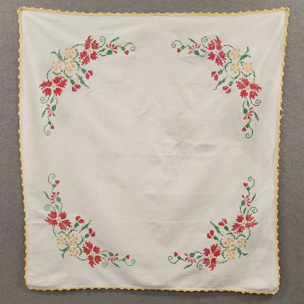Vintage Tablecloth Hand Made Embroidered Floral Crochet Lace Trim Cottage 32x35